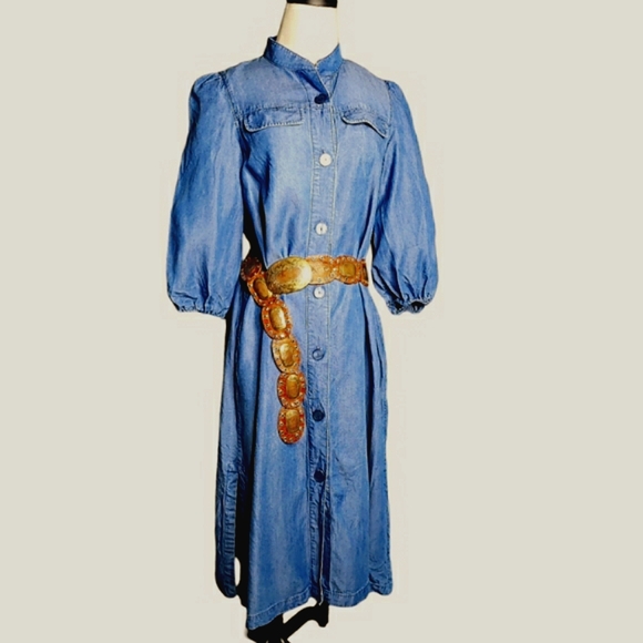 Massimo Dutti Shirt Dress 3/4 Sleeves Mockneck Minimalist Lyocell Chambray Midi - Picture 3 of 16